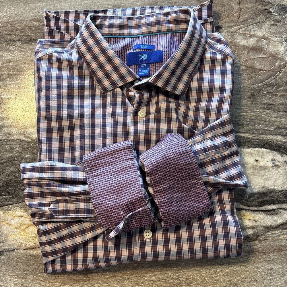 Egara Non-Iron Slim Fit Size 2XL Cotton/Spandex Stretch Plaid Purple Pink Long